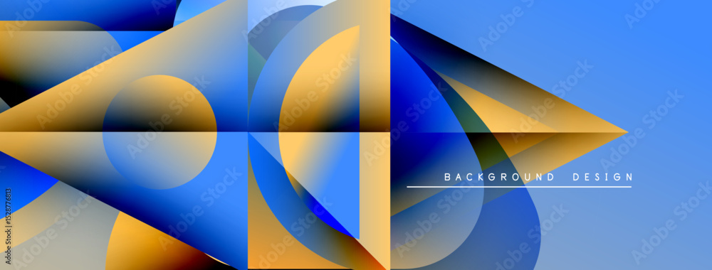 Poster Abstract geometric shapes overlap, creating dynamic blue, gold gradients. Modern design elements suggest movement, depth. Background includes text labels.