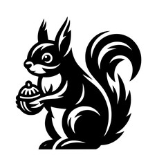 Stylized squirrel holding nut black and white illustration
