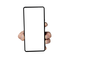 Hand holding smartphone with blank white screen isolated on white background for app mockup or UI design