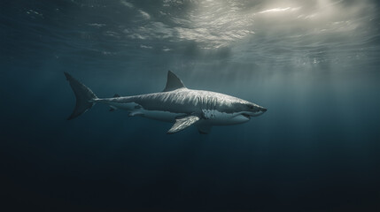 Fototapeta premium Silhouetted shark gliding through deep ocean with dramatic light rays above. 