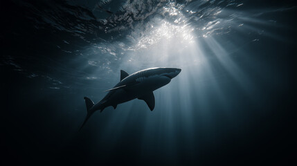 Silhouetted shark gliding through deep ocean with dramatic light rays above.
