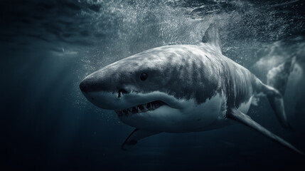 Naklejka premium Great white shark swimming near the ocean surface showing teeth. 