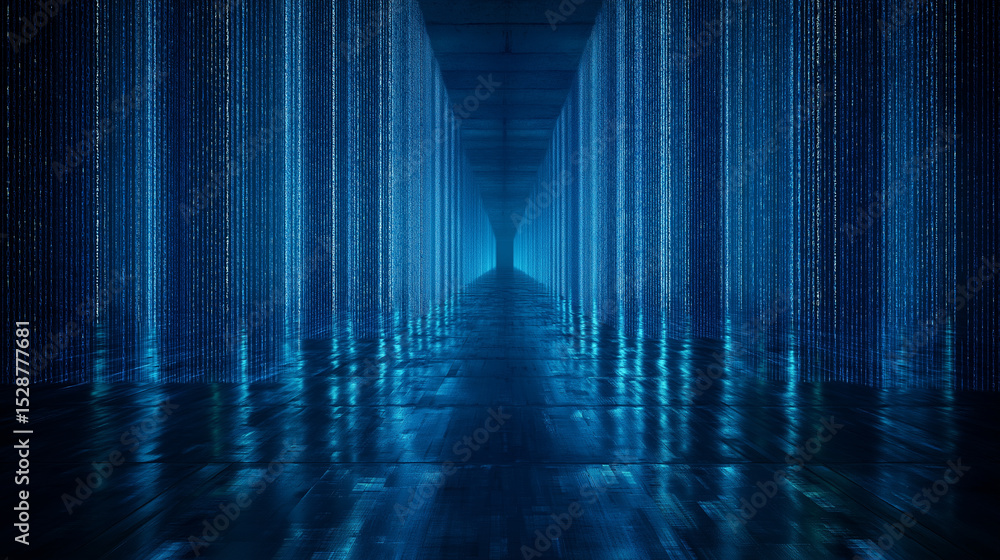 Poster futuristic data tunnel with glowing blue lines in a symmetrical digital environment.