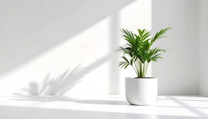 Serene Indoor Plant in White Pot with Bright Sunlight Casting Shadows on White Wall.