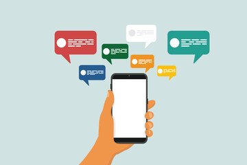 Hand holding phone with message. Concept of communication and social networking.