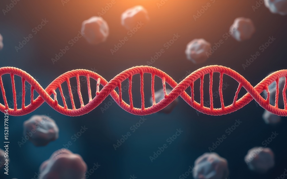 Poster 3d representation of a dna helix surrounded by cellular structures in a vibrant background.