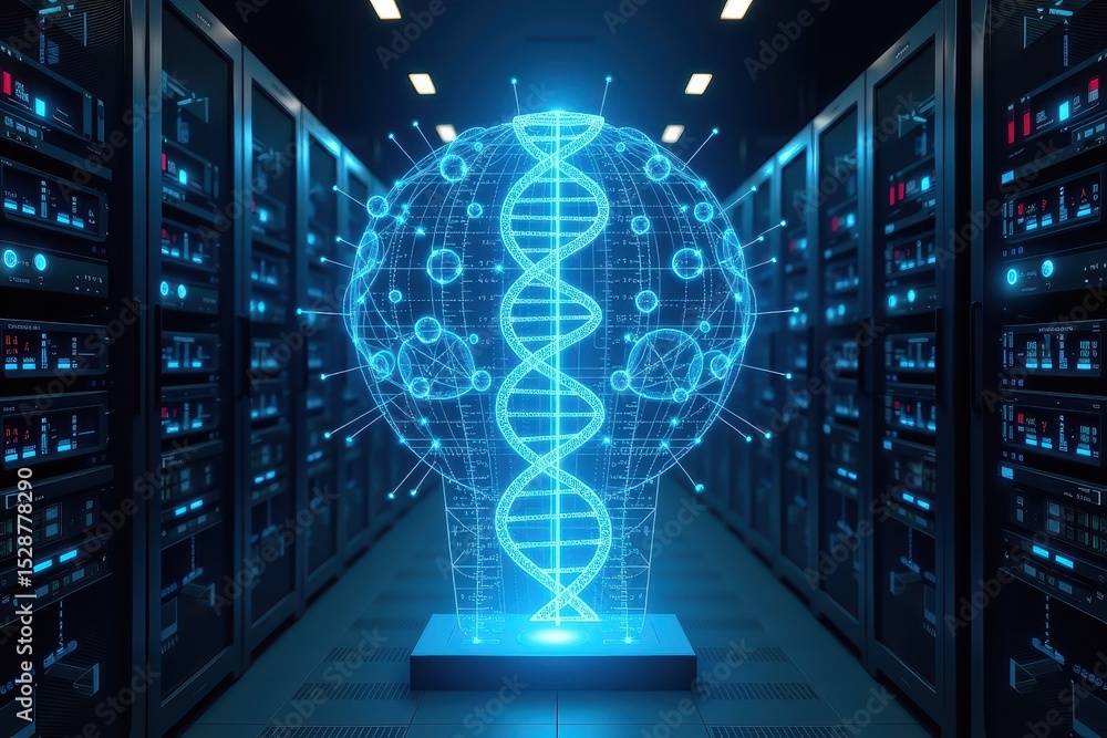 Poster futuristic data center with a glowing dna structure in the foreground.