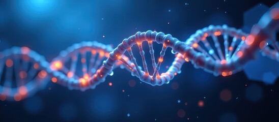 Abstract representation of DNA strands against a blue background with glowing particles.