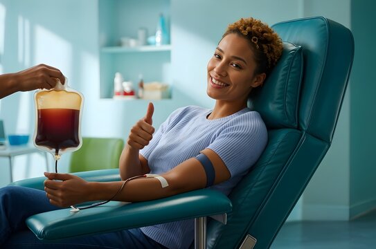 Smiling Woman Donating Blood at Clinic Giving Thumbs Up – Voluntary Blood Donation, Healthcare and Medical Support Concept