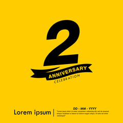 Fototapeta premium 2nd years anniversary celebration emblem. congratulations anniversary logo isolated with ribbon on yellow background. vector illustration template design for web, flyers, poster, greeting card 