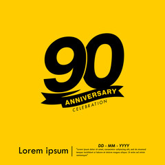 90th years anniversary celebration emblem. congratulations anniversary logo isolated with ribbon on yellow background. vector illustration template design for web, flyers, poster, greeting card	