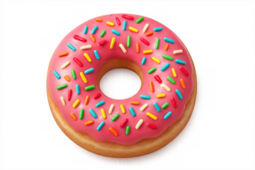 Pink glazed donut covered with vibrant sprinkles, resting on transparent surface, showcasing sweet temptation