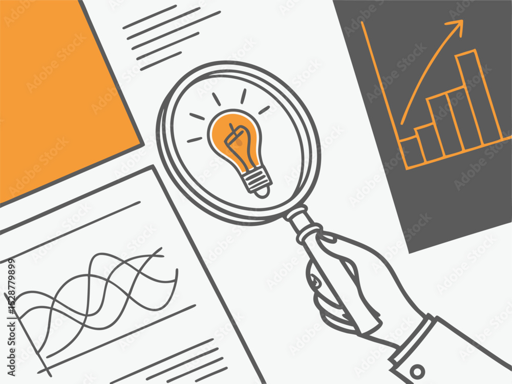 Poster analyzing business data and ideas concept with magnifying glass and lightbulb over charts and graphs