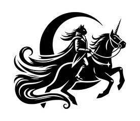 Black cat knight riding unicorn under crescent moon