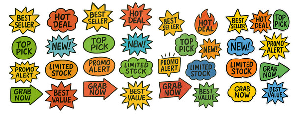 Hand-Drawn Marketing Sticker Set Colorful Doodle Badges for Promo and Sales
