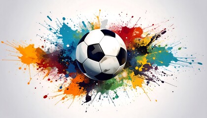 Soccer ball bursting with colorful paint splatters with artistic sports design.