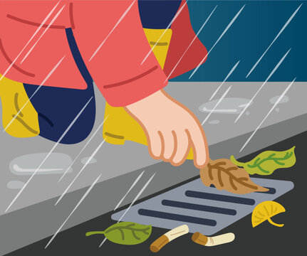 Cleaning leaves from a drain in the rain