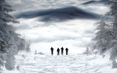 Snowy mountain vista with skiers