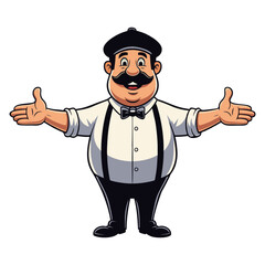 Welcoming Chef or Waiter Character with Open Arms, Vector Cartoon Illustration. Represents Hospitality and Excellent Customer Service.