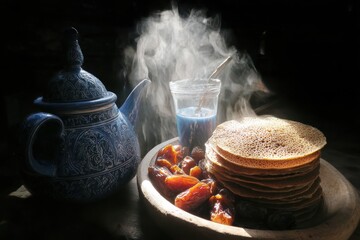 Stacked pancakes, dates, and tea