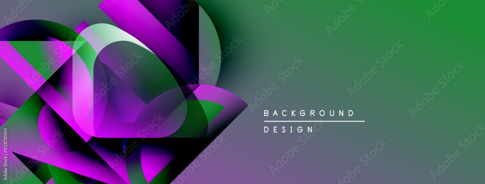 Poster abstract geometric shapes overlap, creating vibrant purple, green gradients. modern design element f