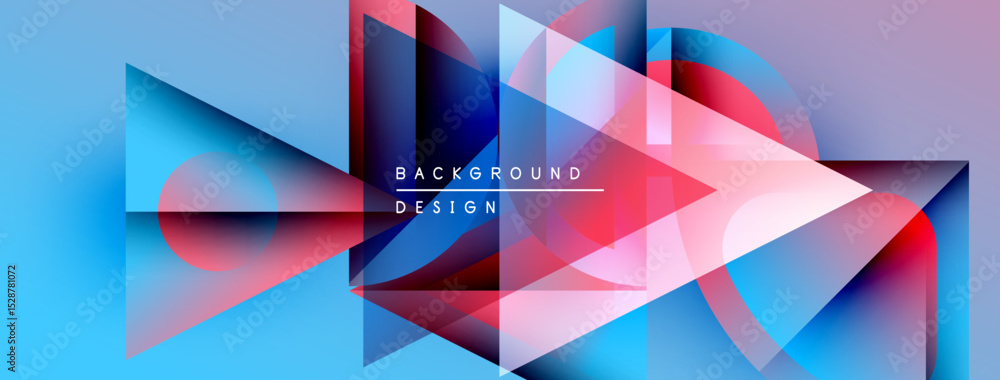 Poster Abstract geometric shapes, vibrant colors, dynamic composition. Blue gradients dominate, with red accents creating visual interest. Modern design elements present.