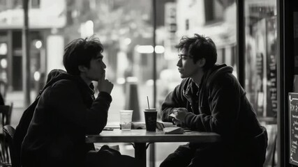 Smiling couple at a cafe table enjoying coffee and conversation - Powered by Adobe