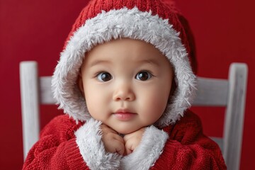A cute baby dressed in a Santa Claus costume, sitting on a chair against a red background.