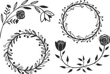 Hand-drawn botanical wreaths with roses and leaves