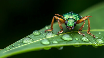 Fototapeta premium Closeup Of Emerald Green Beetle On Wet Leaf