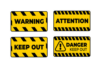 Set of yellow and black warning signs with bold caution messages such as 