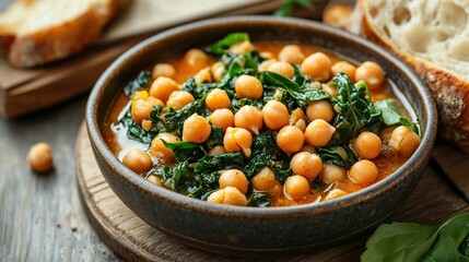 A rustic bowl brimming with a hearty chickpea and spinach stew, subtly seasoned with reddish-orange spices, served alongside crusty bread slices on a dark wooden surface
