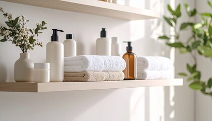 Minimal bathroom shelf with skincare bottles and towels, soft neutral tone