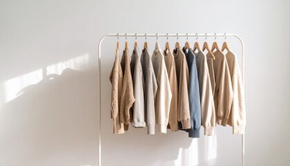 Minimalist neutral-toned clothes rack against white wall, soft aesthetic lighting