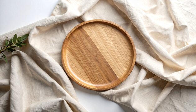 Scandinavian flat lay background, beige linen, wooden plate