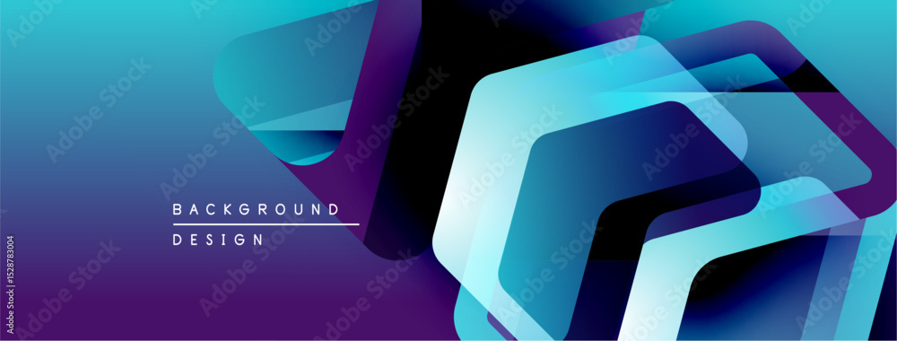Poster abstract geometric shapes overlap, creating vibrant blue, purple gradients. modern design elements s