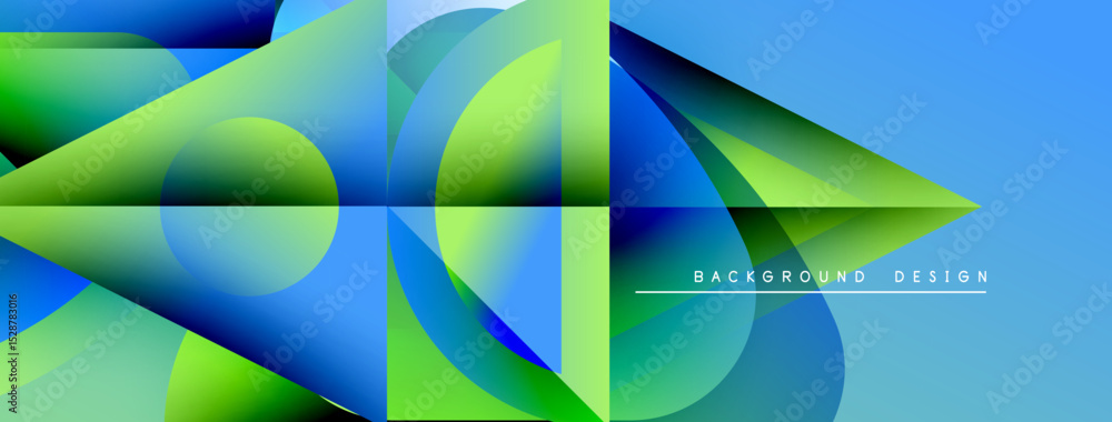 Poster abstract geometric shapes overlap, creating vibrant blue, green gradients. modern design suggests dy