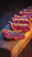 Slices of thinly sliced, seasoned, raw beef on a wooden plank