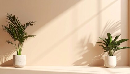 Soft shadows on a beige wall, minimal light play background with plants