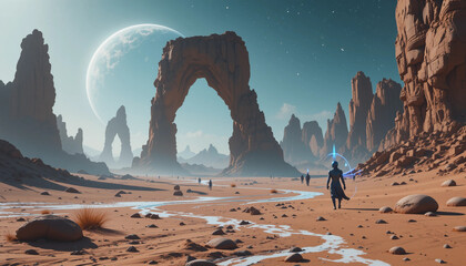 Surreal Alien Desert with Floating Arches | Fantasy 8K Art