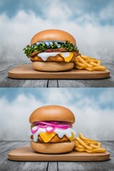 Two hamburgers on a wooden board