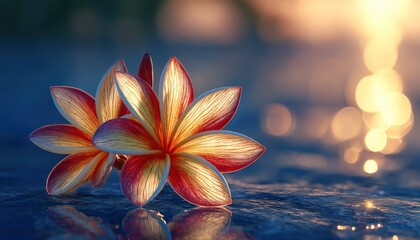 Two plumeria flowers at sunset