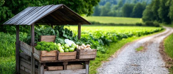 Naklejka premium Rustic vegetable stand with fresh produce by the roadside in a serene countryside setting
