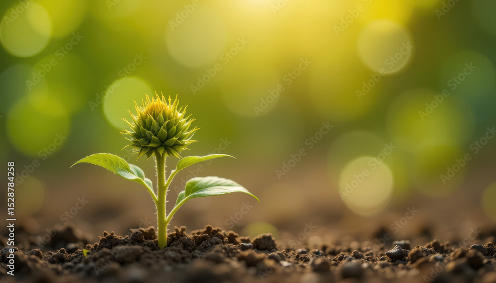 Poster bright green seedling emerging from soil amidst a soft focus background of sunlight and bokeh effect