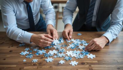 Business professionals working together on a puzzle, representing teamwork, collaboration, and problem-solving in the office setting