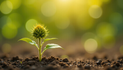 Bright Green Seedling Emerging from Soil Amidst a Soft Focus Background of Sunlight and Bokeh Effects in Nature