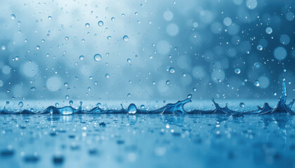 Scenic close-up of water droplets and splashes on a surface creating a tranquil blue atmosphere for relaxation and nature appreciation