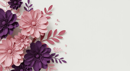 Fototapeta premium Beautiful Paper Roses and Hearts - Romantic Valentine's Day, 3D Papercraft Flowers in Pink and White on a Pastel Romantic Background