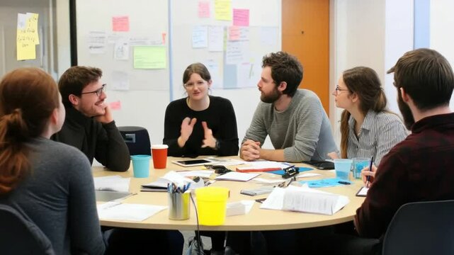 A diverse group of businesspeople are working together in a vibrant office meeting, some at computers and others talking, embodying strong teamwork and collaboration - Powered by Adobe