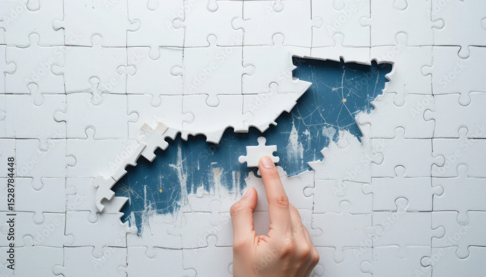 Poster hand placing last piece of puzzle in missing section with blue background symbolizing completion and